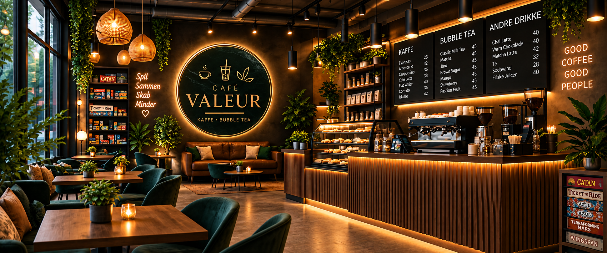 Visualisation of Café Valeur with green chairs, wooden tables and warm lighting