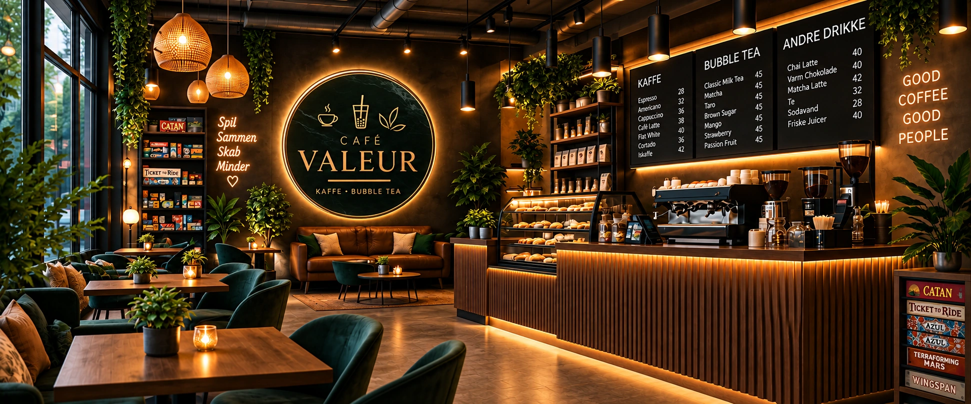 Visualisering af Café Valeur med grønne stole, træborde og varm belysning