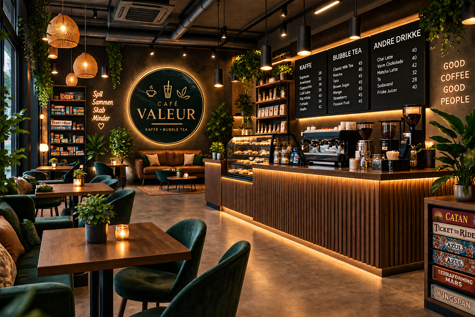 Café concept with comfortable seating and board games